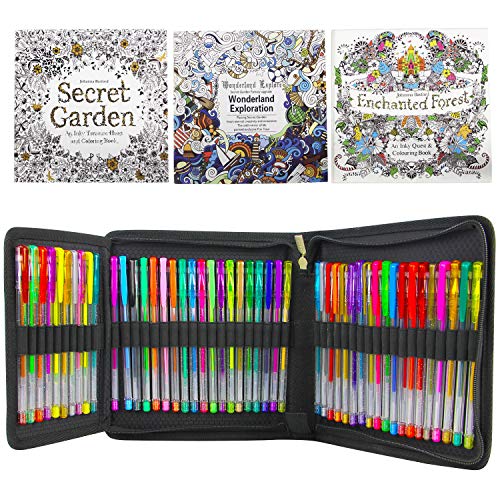 Larkpad 48 Gel Pens Set & Three Coloring Book with Portable Travel Case - 24 Glitter 8 Metallic 6 Neon 6 Pastel 4 Classic for Drawing Writing Planner
