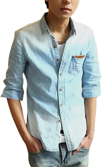 Amazon メンズ デニムシャツ 半袖 七分袖 スリムシルエットシャツ 洗いざらしシャツ シャツ 通販