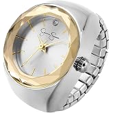 Jessica Simpson Women's Silver Adjustable Ring Watch &ndash;Faceted Gold Bezel, Quartz Analog Mini Dial with Crystal, Stretch Band Fashion Jewelry Accessory