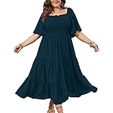 SCOMCHIC Women's Plus Size Flowy Maxi Dress Flutter Short Sleeve Boho Dress Square Neck Smocked Formal Dresses for Women