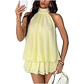 BEAUDRM Women's Halter Dress Tie Backless Chiffon Mini Dress Going Out Dresses Ruffle Brunch Outfits