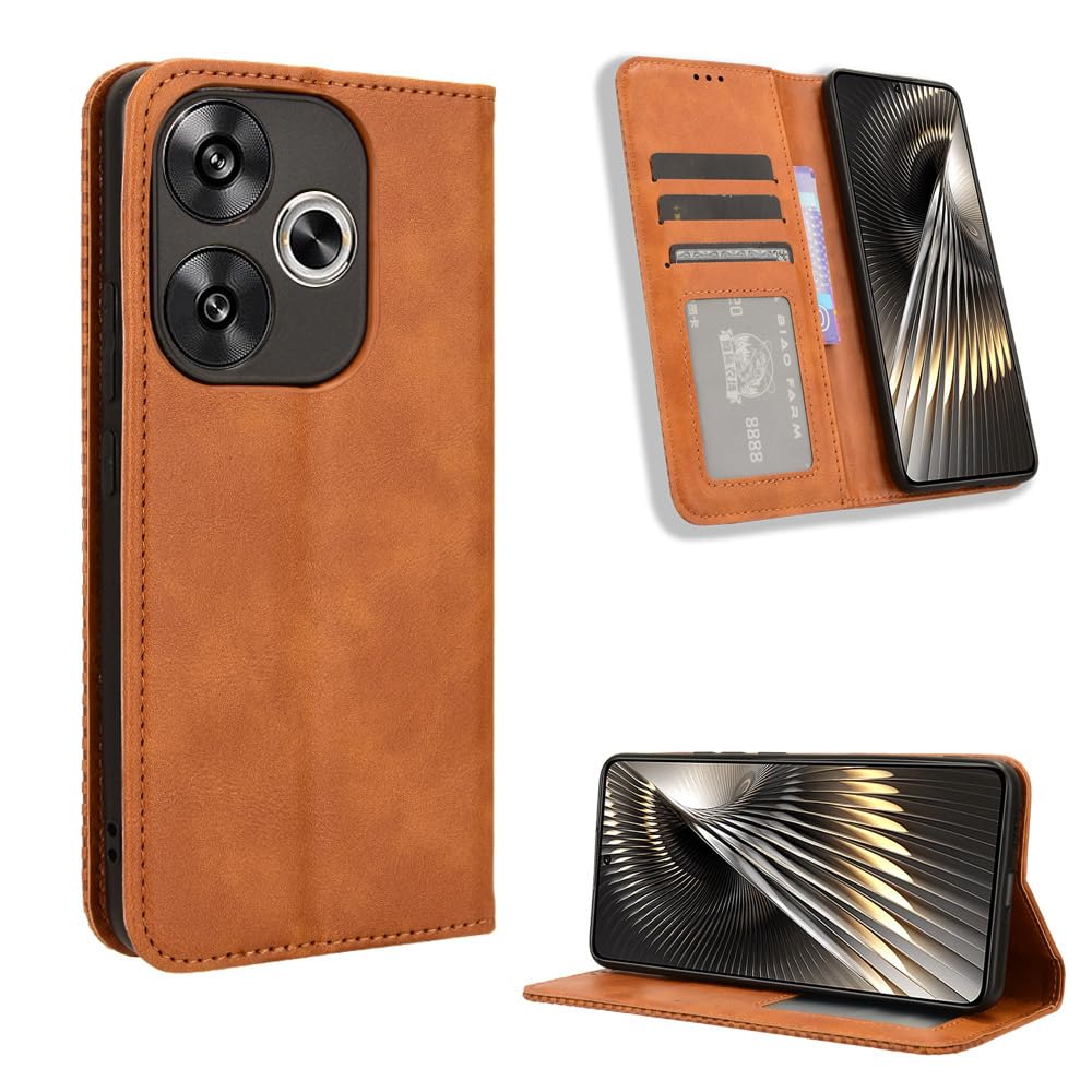 COMAKU Compatible with Xiaomi Poco F6 Case Leather - Flip Cover Protection magnetic Phone Case wallet with Card Holder - Brown