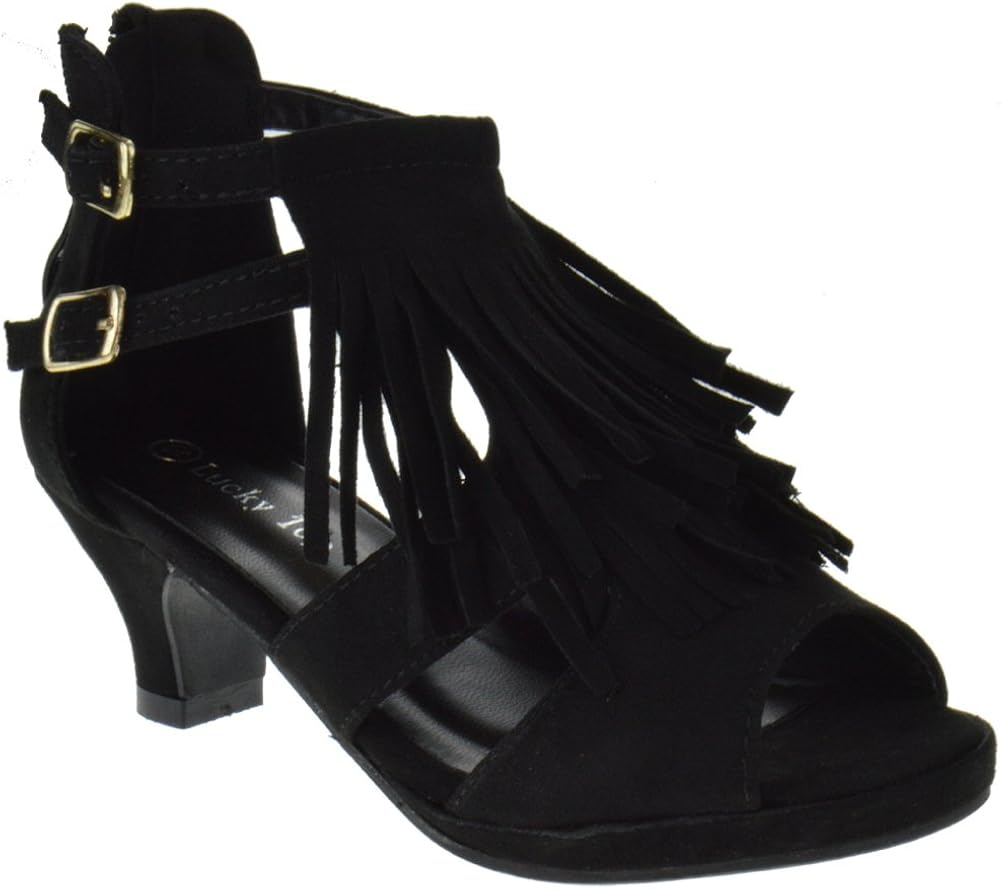 Amazon.com | Lucky Top Carol 15K Girls Low Heeled Fringe Dress Sandals Black 4 | Sandals