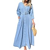 utcoco Womens 2025 Fall Winter Denim Shirt Dress V Neck 3/4 Long Sleeves Button Down Belted Jean Maxi Dresses