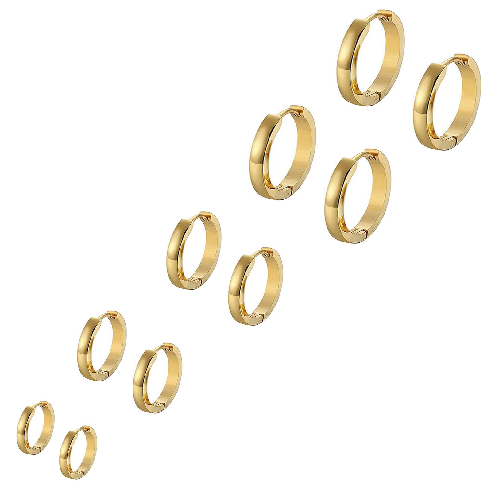 Bo Win 5 Pairs Surgical Steel Gold Hoop Earrings for Men Women Girls, Men Earrings Hoop Gold, Women Earrings Hoops, Gold Earrings for Men, Men Gold Hoop Earrings Set Huggie Hinged Piercing 8MM-16MM