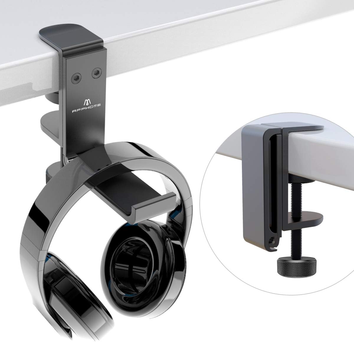 APPHOME [Upgrade] Foldable Headphone Stand Hanger Holder Aluminum Headset Soundbar Stand Clamp Hook Under Desk Space Save Mount Fold Upward Not in Use, Universal Fit Gaming PC Accessories, Black: Electronics