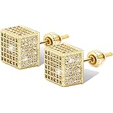 TOPGRILLZ 925 Sterling Silver Square Screw Stud Earrings 14K Gold Plated 5A+ Cubic Zirconia Iced Out Square Screw Back Hypoallergenic Cube Large Stud Earrings For Men Women
