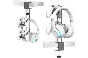 TpeeTeek Headphone Stand with Controller Holder, Aluminum Under Desk Clamp Headset and Controller Stand - 2 in 1 Headphone Hanger for Desktop PC Gaming Accessories Organizer with PS5 Xbox Series S