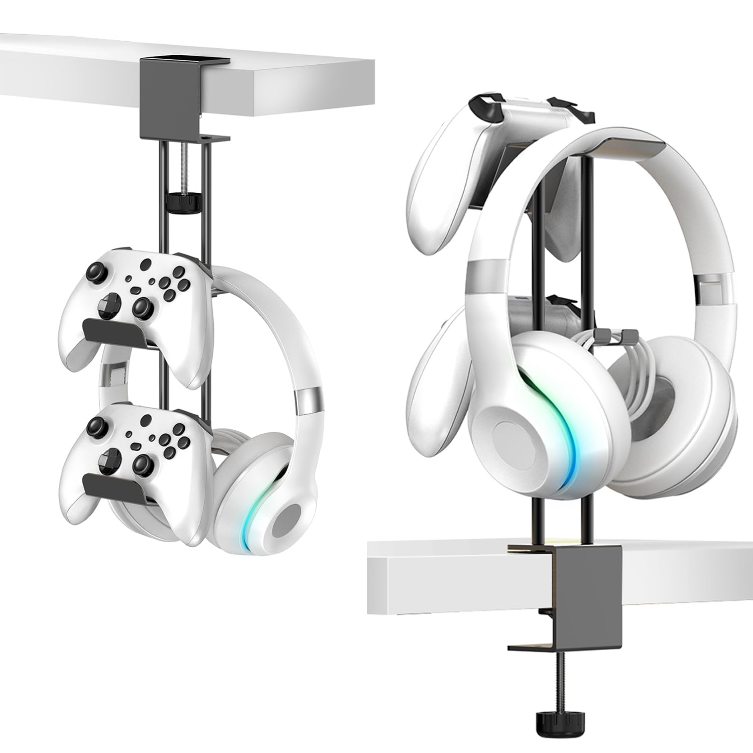 TpeeTeek Headphone Stand with Controller Holder, Aluminum Under Desk Clamp Headset and Controller Stand - 2 in 1 Headphone Hanger for Desktop PC Gaming Accessories Organizer with PS5 Xbox Series S