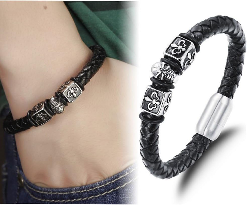 Men's Magnetic Buckle Stainless Steel Skull Anchor Genuine Leather Bracelet