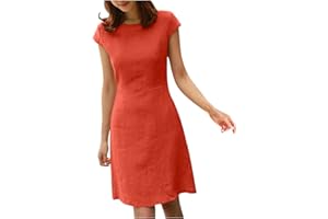 FZYLQY Women Summer Dresses 2024 Casual Back Zipper Cotton Linen Beach Vacation Knee Length Boat Neck Cap Sleeve Short Dress