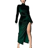 SEMATOMALA Women's Long Sleeve Side Ruched High Slit Maxi Dress Mock Neck Velvet Bodycon Party Club Thigh Split Long Dress