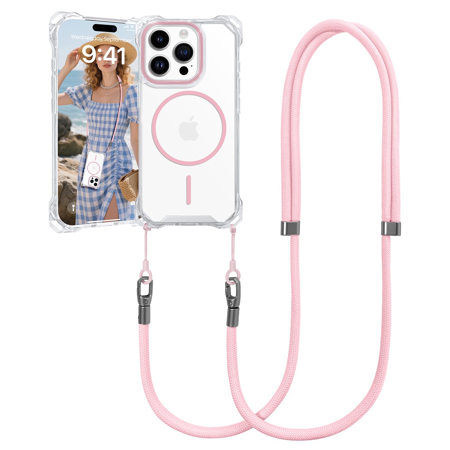 VooDirop for iPhone 15 Pro Case with Crossbody Lanyard, Compatible with MagSafe, Clear Magnetic Phone Case with Strap Adjustable, Shockproof Drop Protection, for iPhone 15 Pro 6.1''