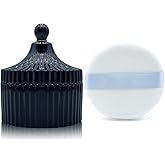 Ultra Soft Powder Puff and Container 3.3" High Density Velvet Dusting Washable Reusable Powder Puff,Body Powder Puff and Glass Jar Holder Loose Powder Box with Puff for Face Makeup(Black)