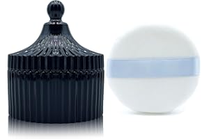 YILUSHENGHUA Ultra Soft Powder Puff and Container 3.3" High Density Velvet Dusting Washable Reusable Powder Puff,Body Powder Puff and Glass Jar Holder Loose Powder Box with Puff for Face Makeup(Black)