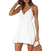 FUZEELY Women's Sexy Ruffles V-Neck Spaghetti Strap Lace Front Tie Cross Sleeveless Elastic Waist Mini Dress