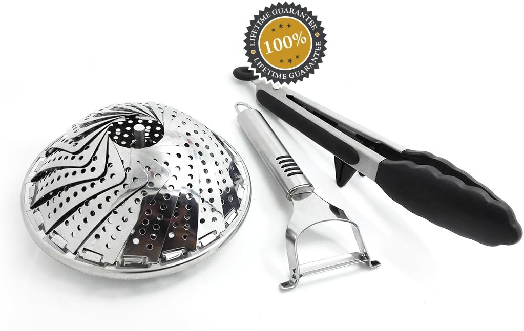 Spring Kitchen Deal! Isabella Dora Vegetable Steamer Set – Including Stainless Steel Potato Carrot Apple Peeler and Food Tongs