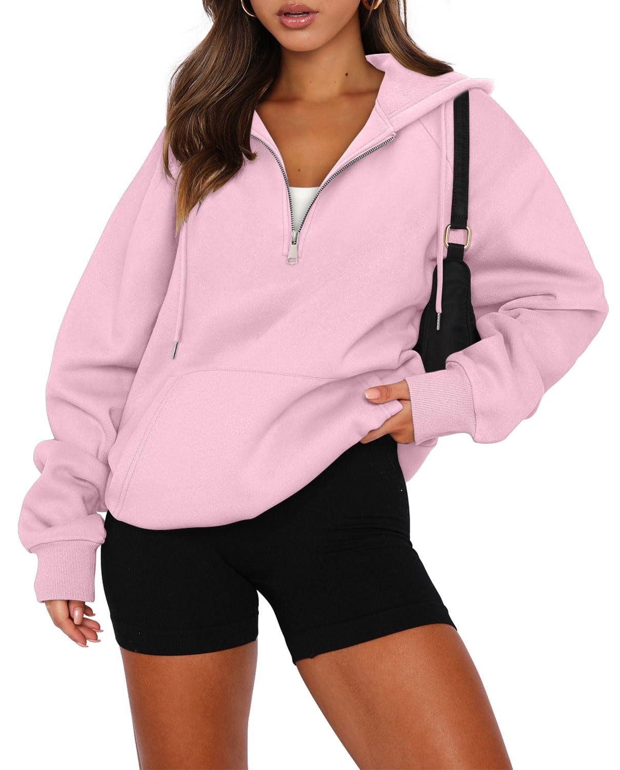 Photo 1 of onlypuff Women's Lightweight Drawstring Hoodies Long Sleeve Loose Fit Pullover Sweatshirts Tunics Tops Shirts Light Pink S