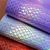 UINKE A4 Size Holographic Iridescent Mermaid Scale Faux Leather Fabric Sheets for Hair Bows Making DIY Crafts