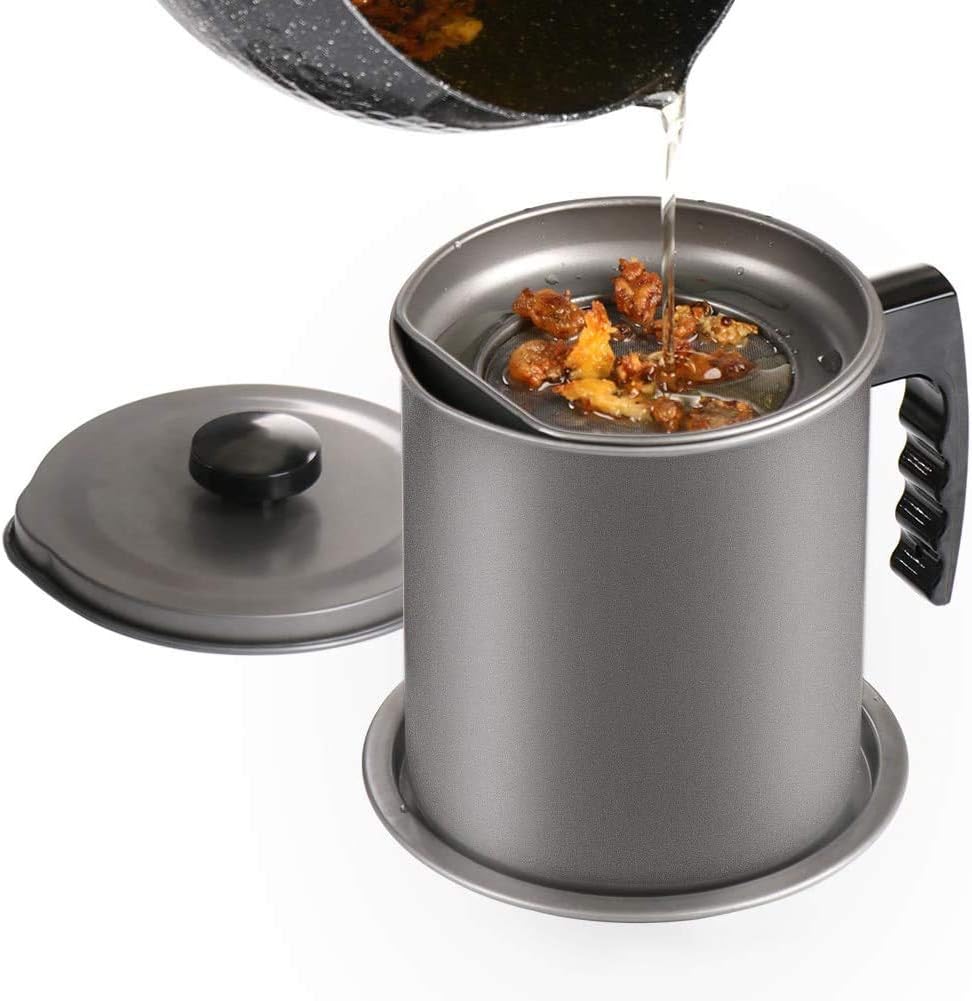 Ourokhome Bacon Grease Container with Strainer 1.3L Gray Kitchen Can