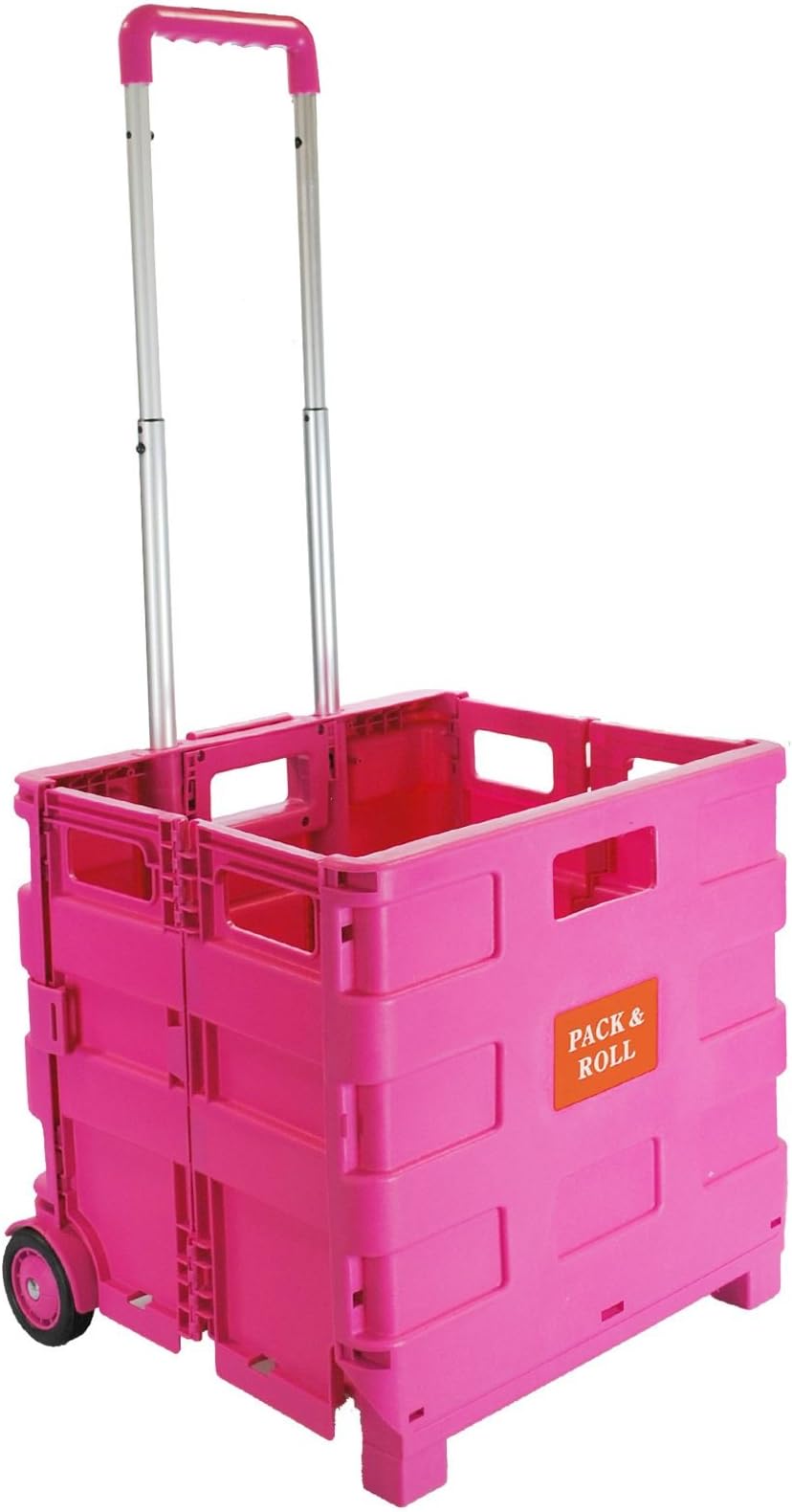 Foldable Plastic Book Trolley Cart | Lightweight Teacher's Book Cart | 2 Wheeled Book Trolley On Wheels Folding Storage Box with Aluminium Handle | Shopping Trolley On Wheels (25KG, Pink)