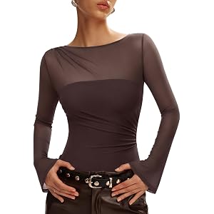 REORIA Womens Bodysuits Long Sleeve Body Suit Tops | Boat Neck,Sheer Mesh,Ruched,Slim Fit,Sexy Thong Bodysuit,Going Out Outfi
