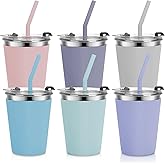 MultiOutools 6 Pack Kids Cups with Straws and Lids, 12oz Unbreakable Stainless Steel Cups with Lids and Straws for Kids, Toddler Cups Spill Proof for Cold Drinks & Hot Drinks, Multicolor