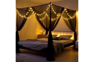 Mosquito Net for Bed Canopy, w/ 200 LED Star String Light Four Corner Post Curtains Bed Canopy Elegant Mosquito Net, Screen N