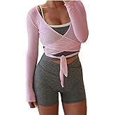 Women Y2k Long Sleeve Wrap Crop Top Ballet Pilates Workout Yoga Tie Front Shirts V Neck Slim Fit Wrap Corset Tops