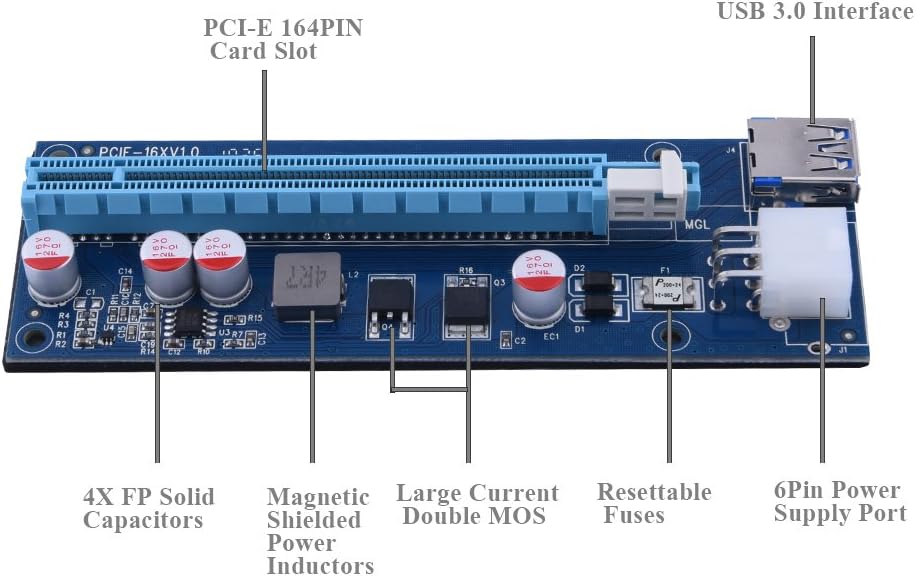Sipolar PCI-E 1x to 16x Extender Riser Card with 60cm USB 3.0 Cable + 6pin PCI-E Power to 15-pin SATA Power Cable for PC Desktop Laptop