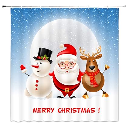 Merry Christmas Shower Curtains Cartoon Santa Claus Reindeer And Snowman Family Gathering Party Decor 69 X 70 Inch Waterproof Polyester Fabric