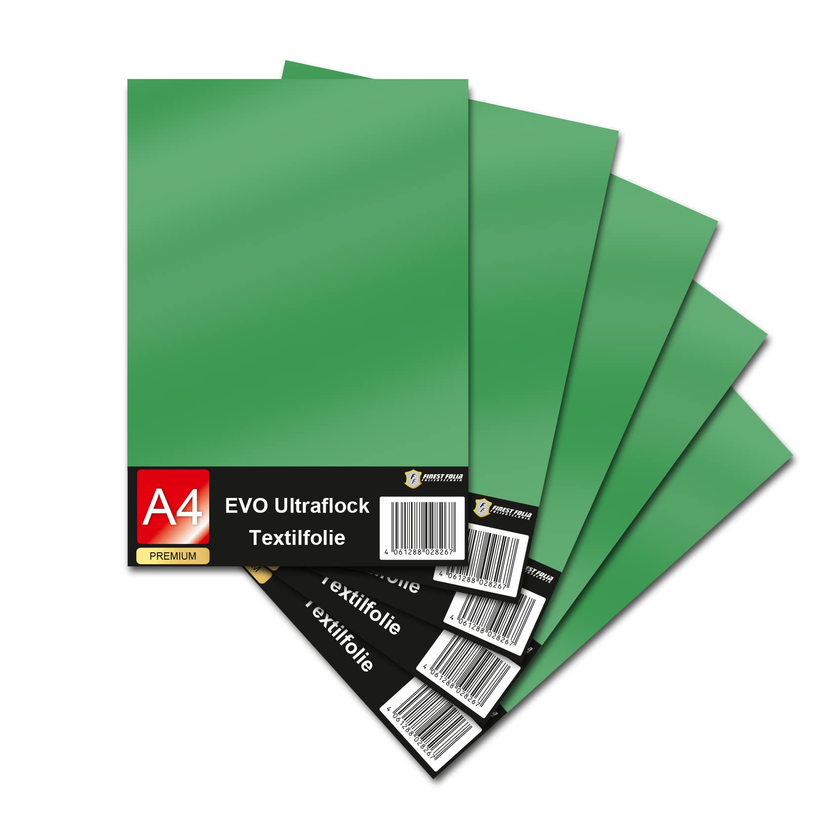 Evo Ultraflock Textile Film for Plotter 33 Colours Flock Film in DIN A4 Format 30 x 20 cm Plotter Film for Fabric Clothing T-Shirt Flock Film Accessories (Set of 5, 022 Green)