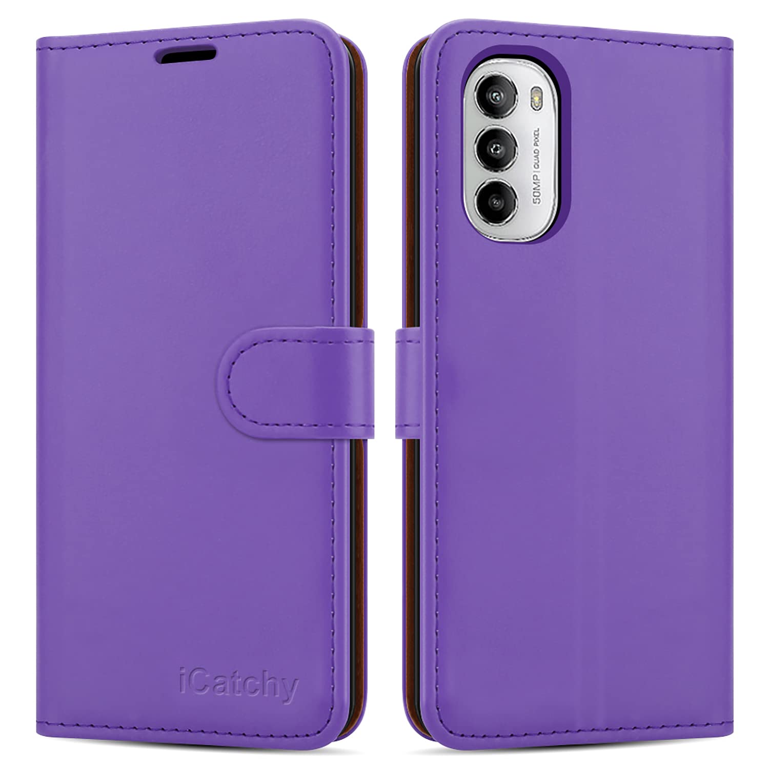 iCatchy for Motorola Moto G82 / G52 Case Leather Wallet Book Flip Kickstand Card Slots Full Protection Folio Cover Compatible for Moto G82 / G52 Phone (Lilac)