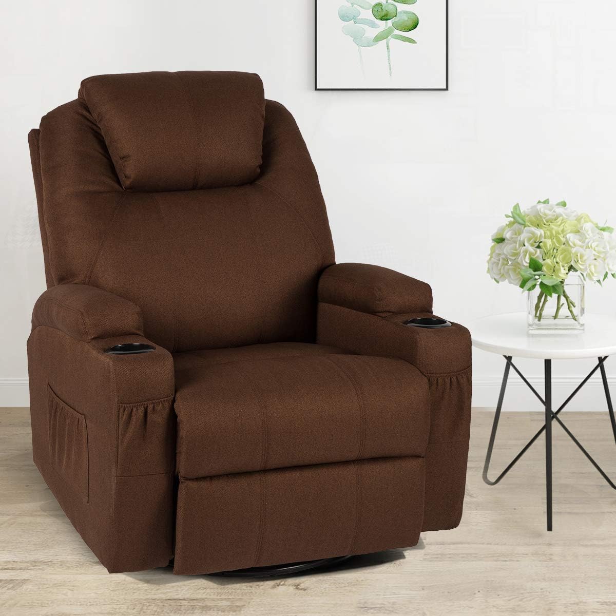 Esright Coffee Fabric Massage Recliner Chair 360° Swivel