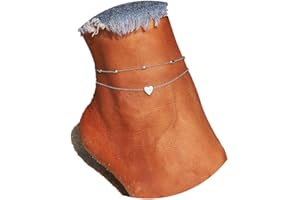 Artmiss Layered Anklets Women Heart Silver Ankle Bracelet Charm Beaded Dainty Foot Jewelry for Women and Teen Girls Summer Barefoot Beach Anklet