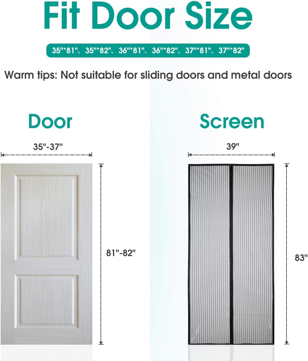 Homitt Magnetic Screen Door with Heavy Duty Mesh Curtain and Full Frame Hook&Loop, Hands Free, Pet and Kid Friendly, 39” x 83”, Black - - 