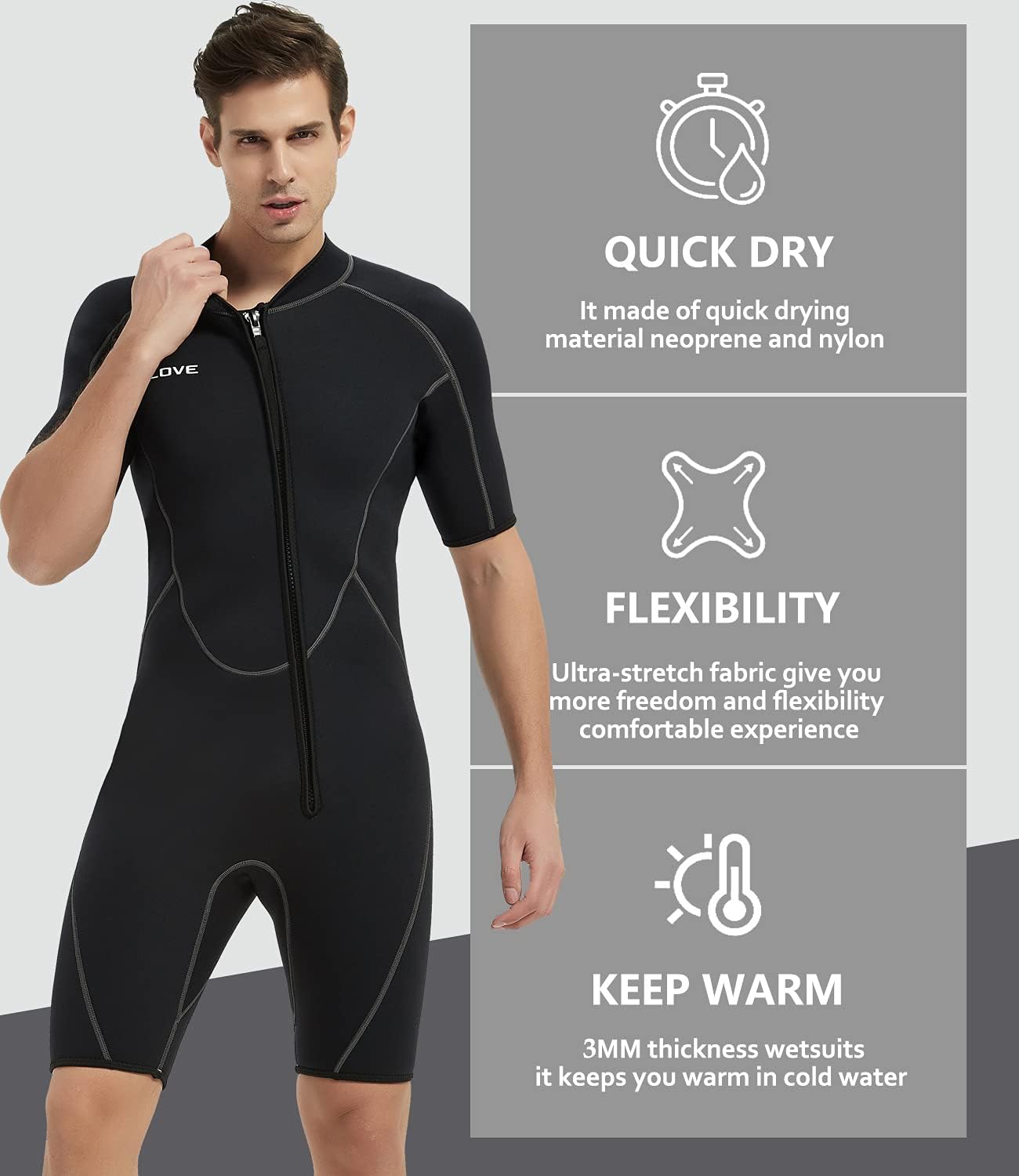IFLOVE 3mm Shorty Wetsuit for Men Neoprene Diving Suit Front Zip Wetsuit for Diving Snorkeling Surfing: Sports & Outdoors