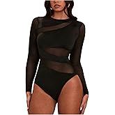 Milumia Women's Sexy Cut Out Sheer Mesh Long Sleeve Bodysuit Crew Neck Body Suits Going Out Bodysuit Tops