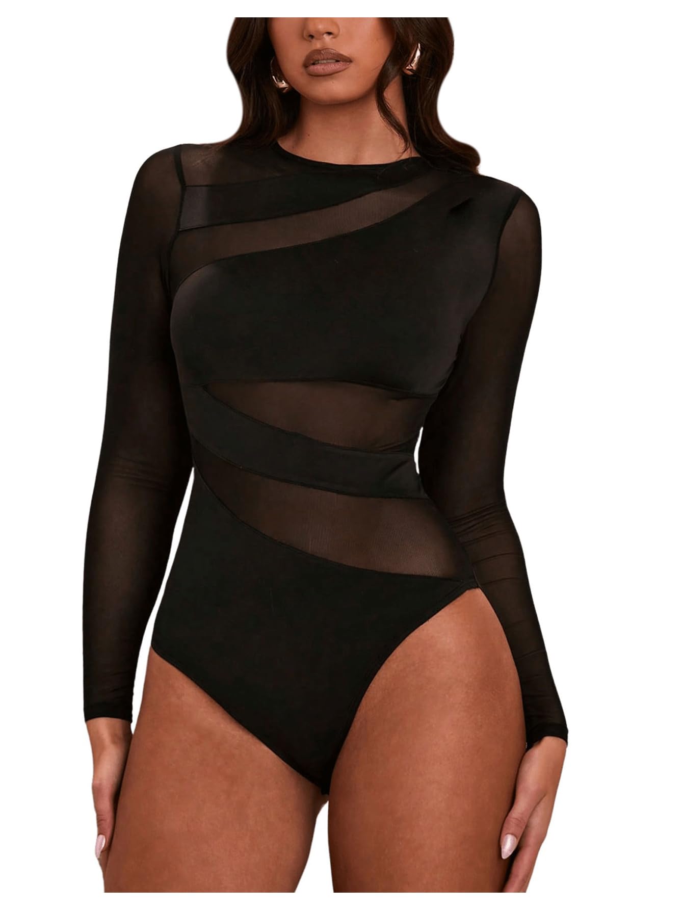 Photo 1 of Milumia Women's Cut Out Sheer Mesh Long Sleeve Bodysuit See Through Leotard Shirt Top Rave Party Black Medium