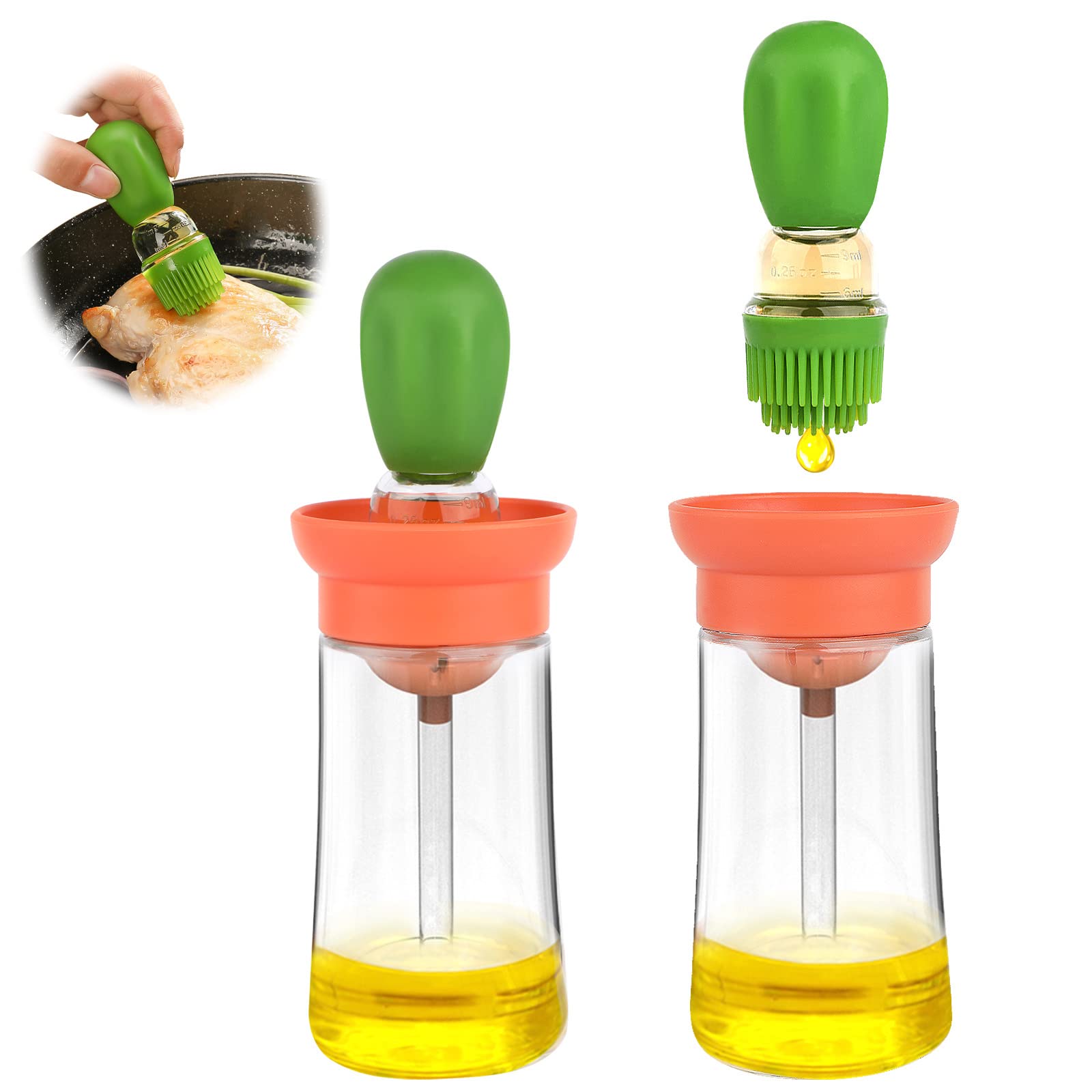 FARI Glass Olive Oil Dispenser Bottle with Silicone Brush 2 in 1 for Kitchen Cooking Frying Baking BBQ Pancake (1, Green)