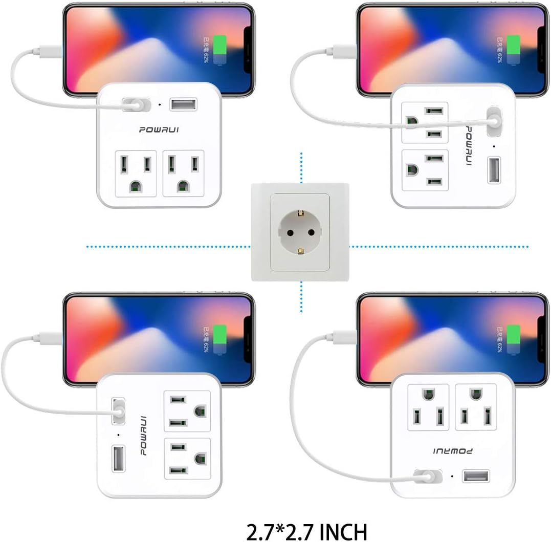 European Travel Plug Adapter, POWRUI 2 Pack International Power Adapter with 2 AC Outlets and Dual USB ports for USA To Most of Europe EU Israel Brazil Italy(Type C - Most of Europe): Home Improvement