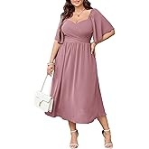 SHESTARR Women's Plus Size Midi Dress Sweetheart Neck Short Sleeve Wedding Guest Cocktail A Line Flowy Dress