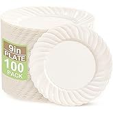 U-QE 100 Count 9 Inch Ivory Plastic Plates for Valentine's Day - Scalloped Disposable Dinner Plates - Premium Hard Fancy Disposable Heavy Duty Party Supplies for Celebrations, and Events