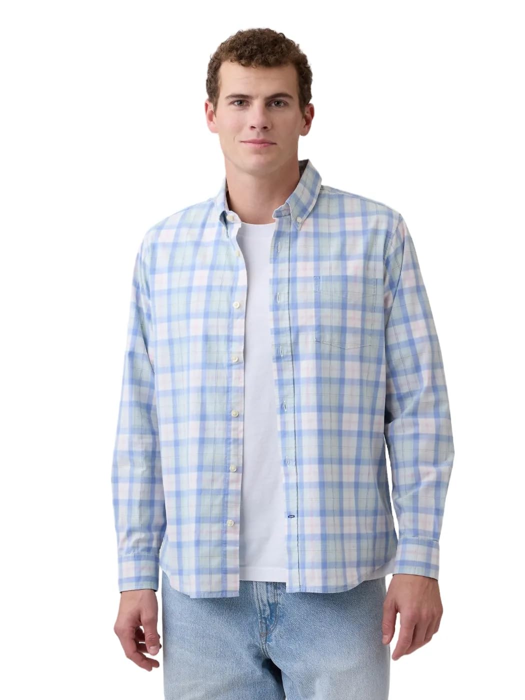 GAP Mens Standard Fit Stretch Poplin Long Sleeve Button Down Shirt Blue Multi Plaid XXL