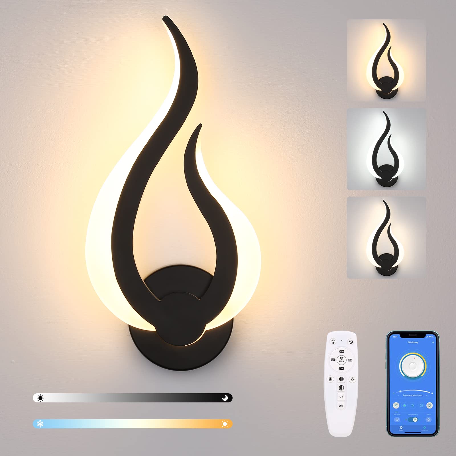 Lightess Smart Acrylic Wall Light 2.4G Remote/App Control Stepless Dimming Wall Lamp 2700k-6500k Adjustable Color Temps Led Wall Light with Memory Timer Function for Bedroom Living Room - Black Left