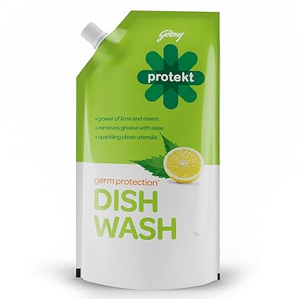 Godrej Protekt Germ Protection Dish Wash Liquid Gel Refill-Removes Grease, Fragrance: Lime (1L pack)