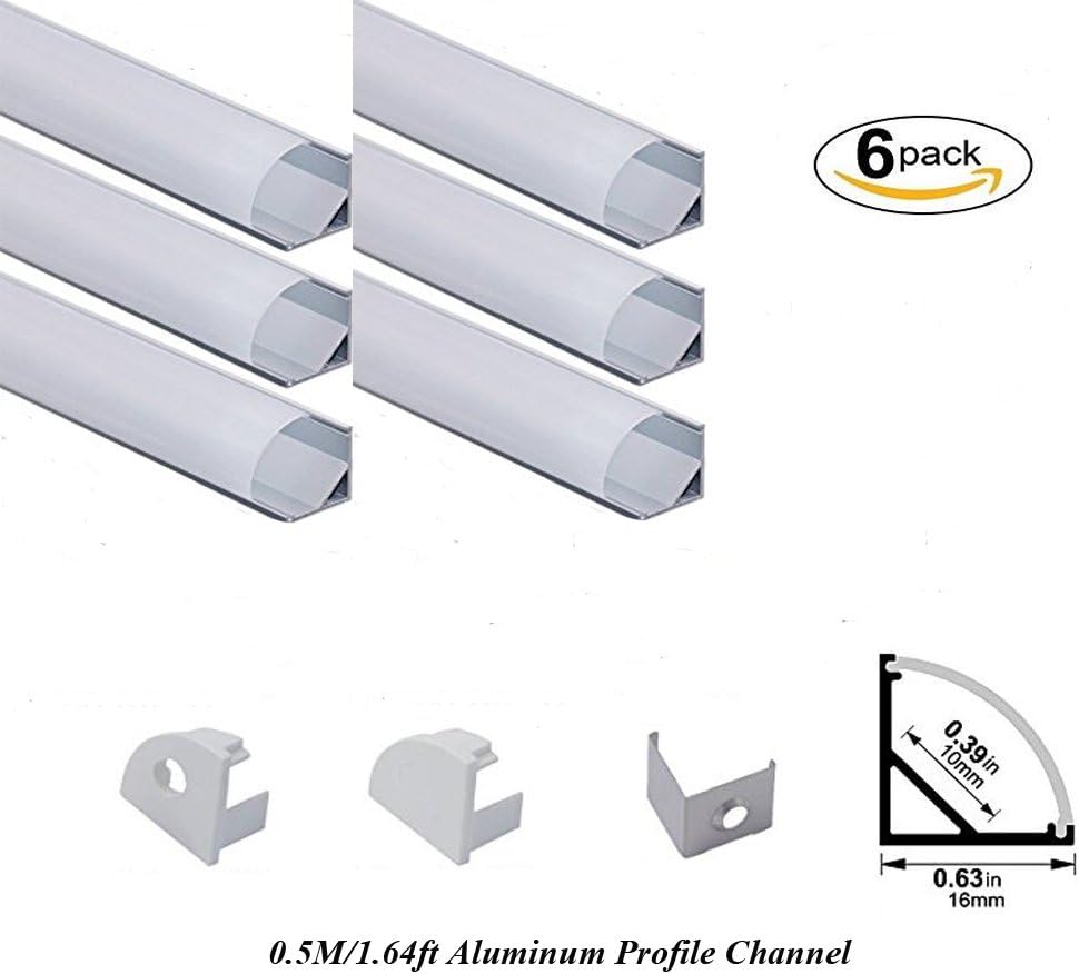 Hanks 2M/6.6ft 16*16mm V Shape Aluminum Extrusion/Corner Profiles for LED strip installation, Inner Width 10mm Aluminum Profile with Oyster White Cover, End Caps and Mounting Clips (PT1（10x2M-Pack）)