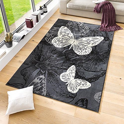 Rug 'New Butterfly' Design Velour, Short Pile, Cream Purple Blue Butterfly, grau/creme, 80x150