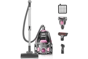PKUYIE Canister Vacuum Cleaner, 32Kpa 1600W Cyclon Power, Dust Full Indicator, Double HEPA Filters, 3.7Qt Large Capacity, Lightweight Vac for Hard Floors, Carpets, Pet Hair, Pink