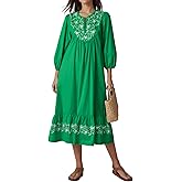 EZAPINE Women Spring Midi Dress 2026 Summer Dresses for Women Embroidered V-Neck 3/4 Sleeve A-Line Flowy Dress with Belt